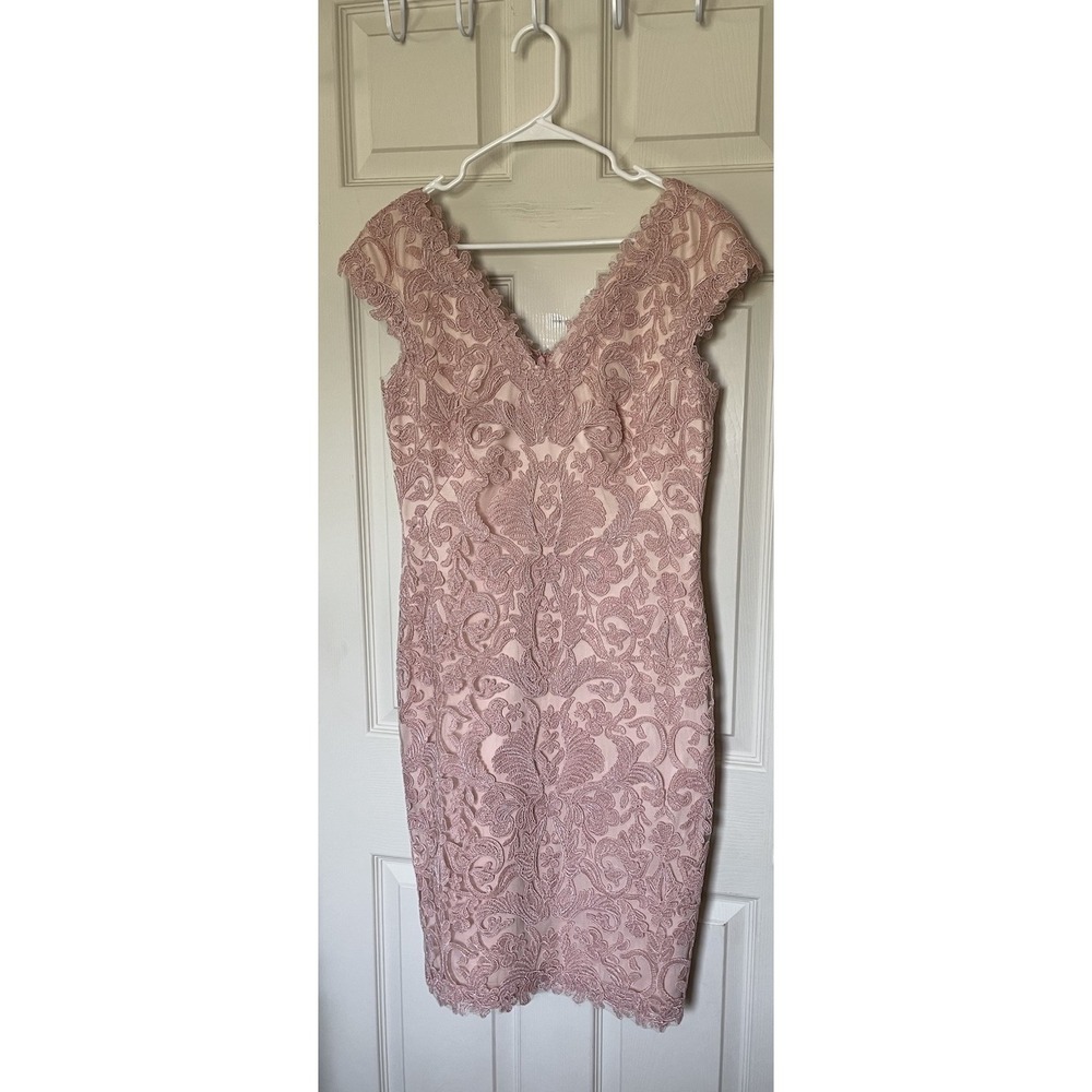 Tadashi Shoji Lace Overlay Sheath Dress Embroidered Nude Pink Formal Women's 10